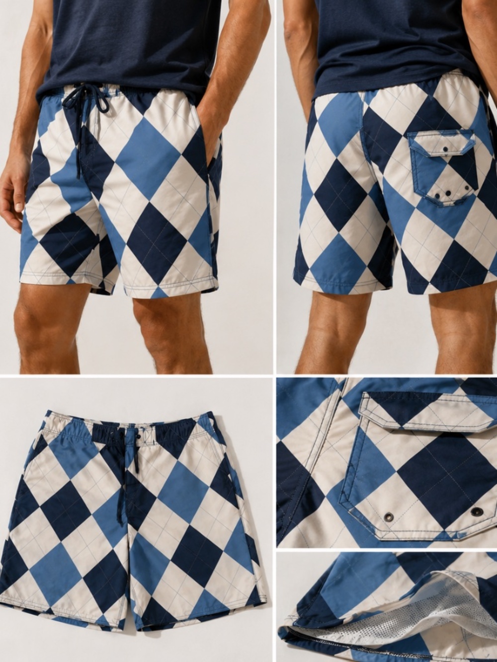 OLD NAVY MEN'S SWIM TRUNKS/ BOARD SHORTS. ARGYLE PRINT BLUE/WHITE SIZE S